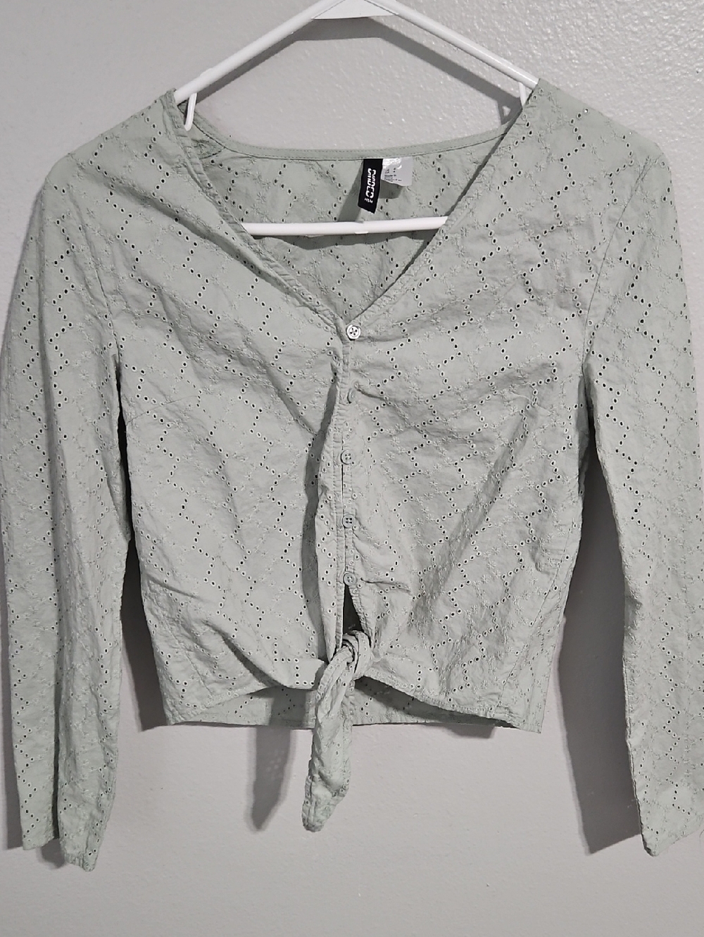 Divided Light Sage Green Eyelet Button-Front Tie Top - Women's
